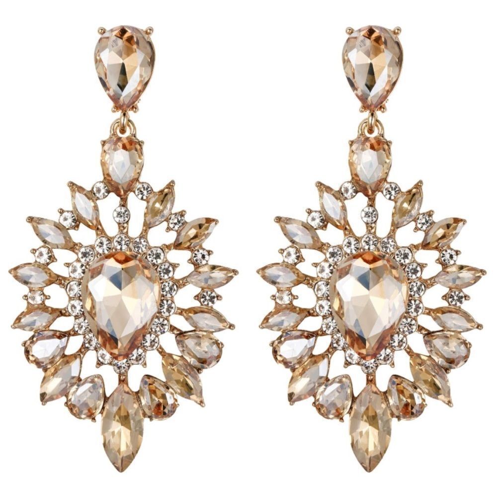 Yellow Gold with Champagne Topaz Austrian Crystal Teardrop Chandelier Earrings